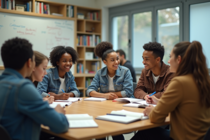 Groupe d'étudiants universitaires en discussion dans une salle lumineuse