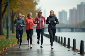 Femmes courant ensemble le long d'une rivière en ville