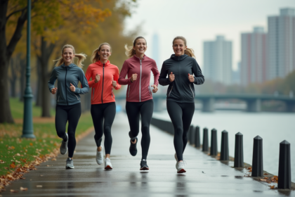 Femmes courant ensemble le long d'une rivière en ville