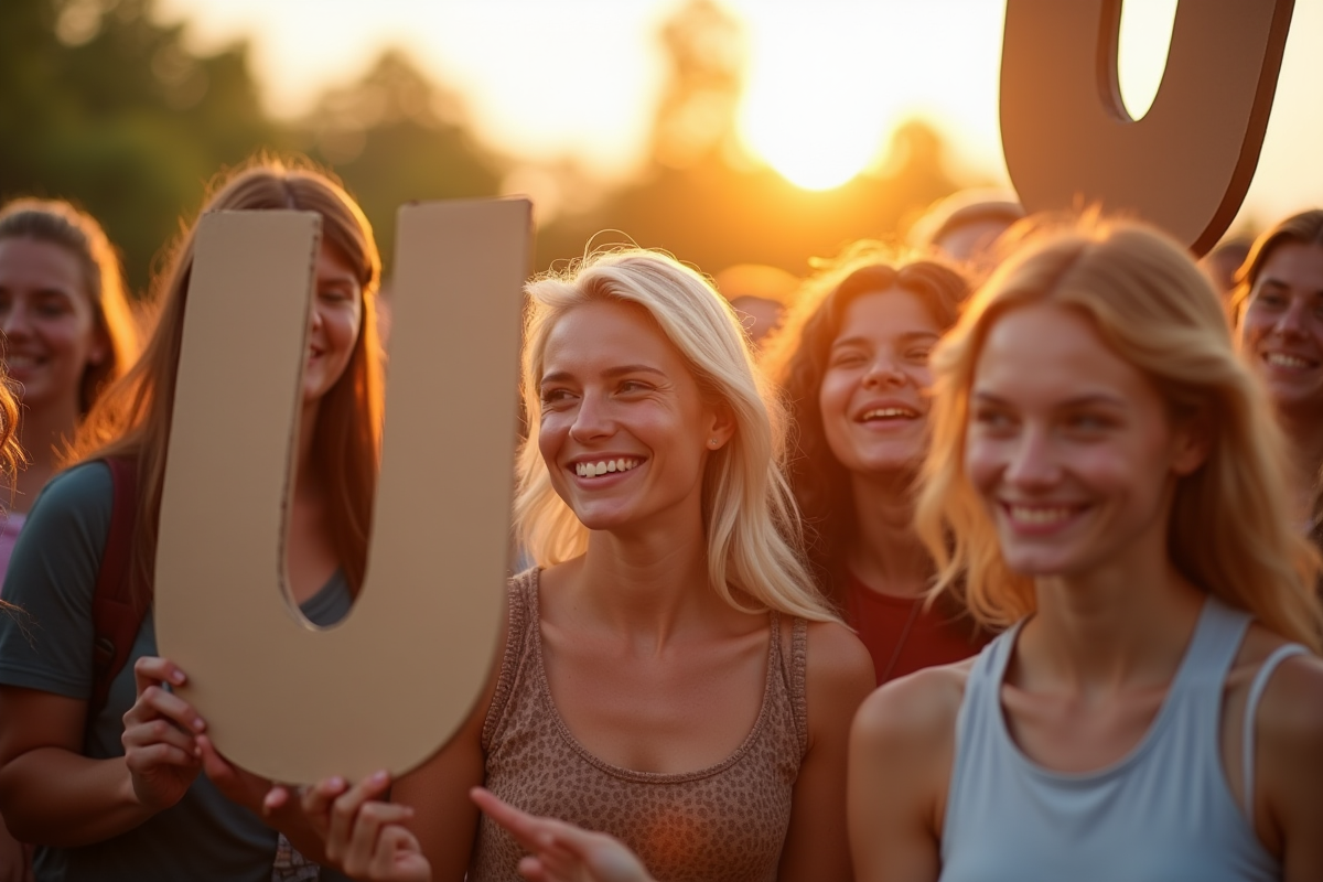 Jeunes souriants tenant des lettres U en extérieur lors du coucher de soleil