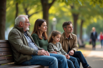 Quatre personnes assises sur un banc dans un parc urbain