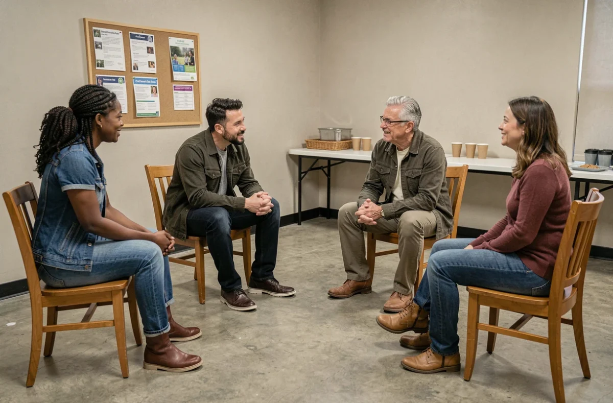 Groupe de soutien pour familles adoptives réunies en cercle dans un centre communautaire, partageant leurs témoignages dans une ambiance bienveillante