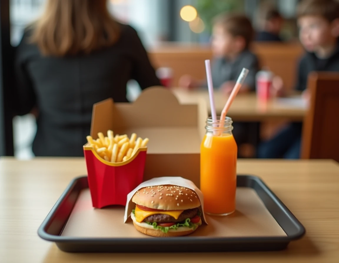 Vue de dessus d'un Happy Meal McDonald's complet sur plateau avec frites, burger, jus et jouet en France