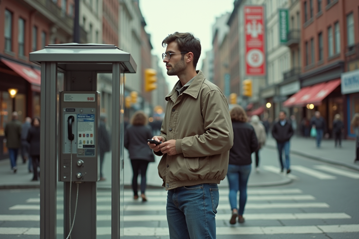 Homme dans une ville des années 90 avec téléphone public