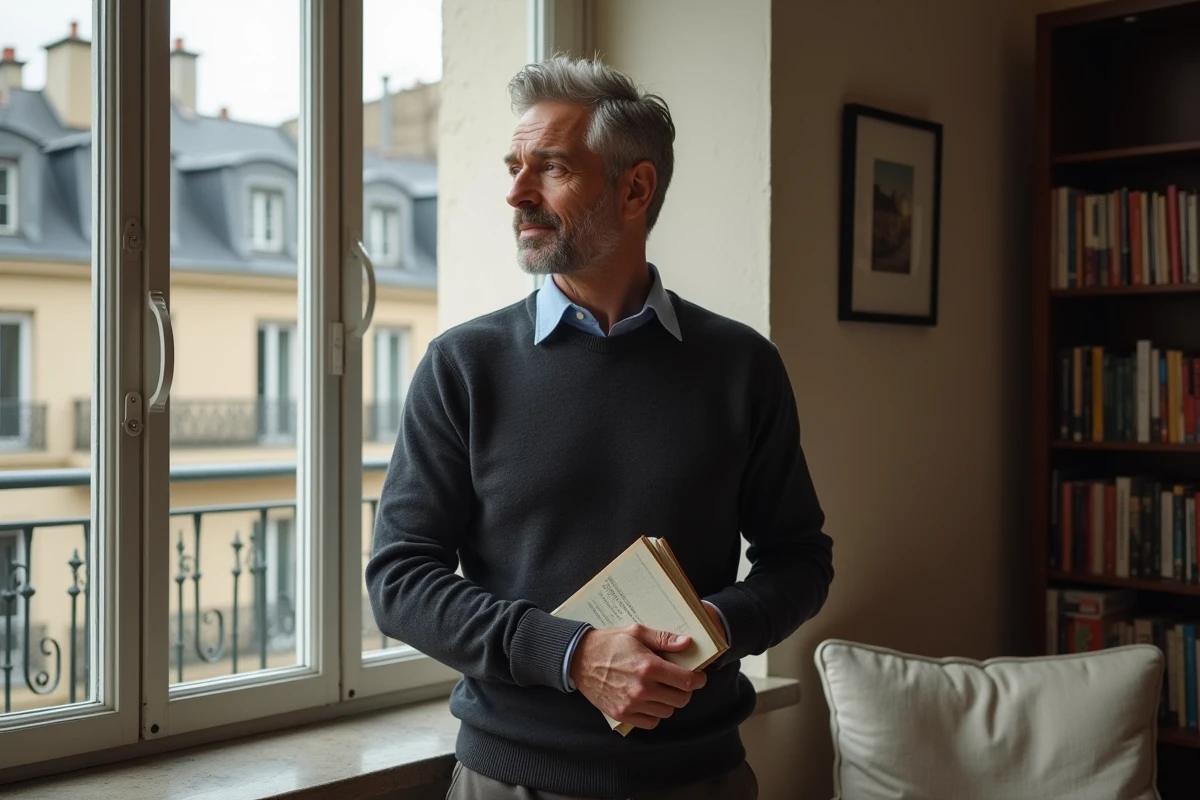 Homme en appartement parisien regardant par la fenêtre, portrait éditorial évoquant l'intimité et la discrétion de la vie privée d'un personnage public