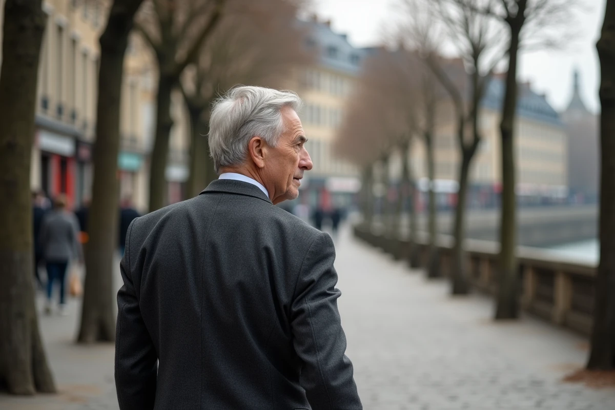 Homme âgé marchant seul dans une rue parisienne