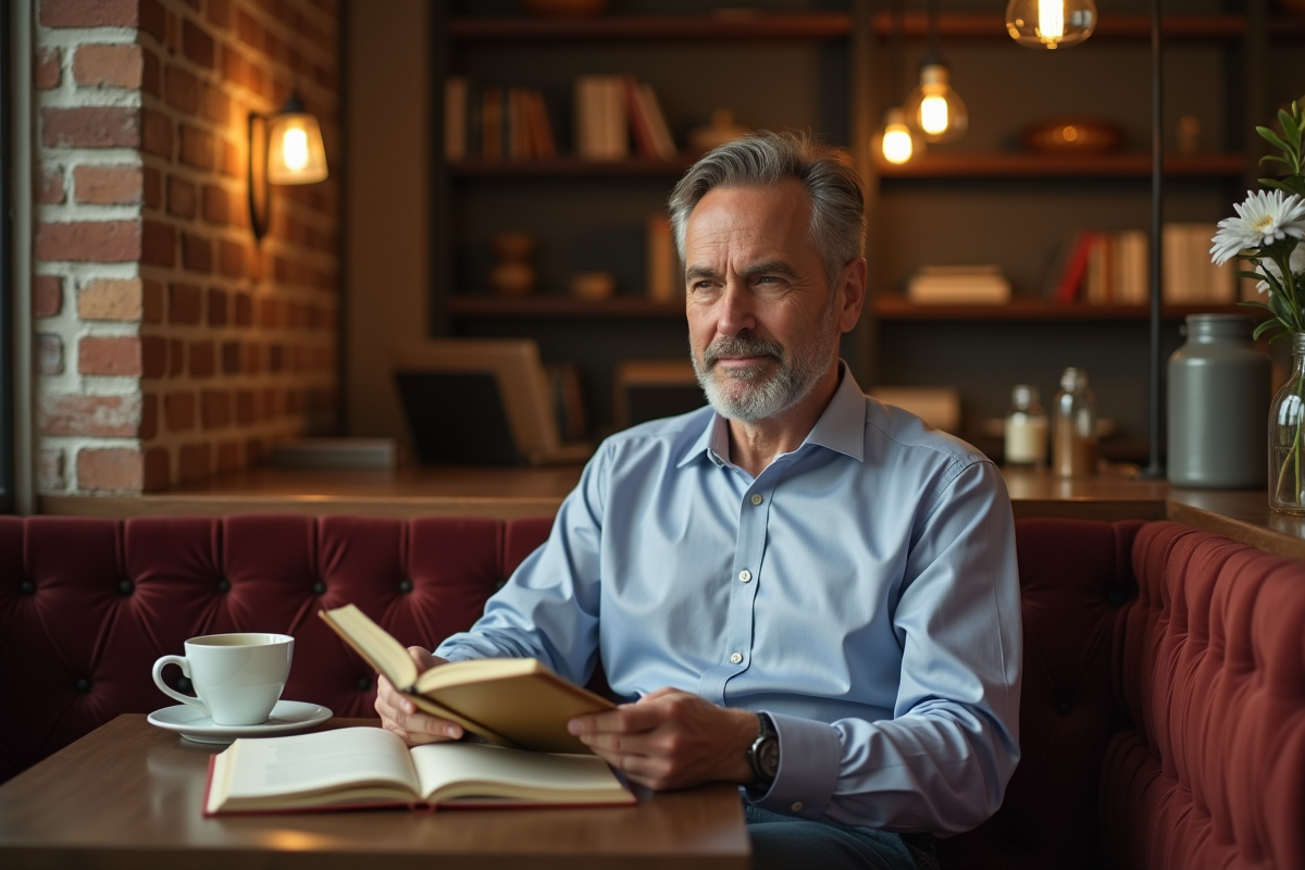 Homme en café lisant un livre d etiquette française