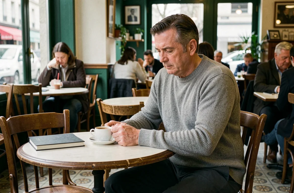 Homme d'âge mûr attablé seul dans un café parisien, carnet fermé devant lui, regard introspectif évoquant la protection de la sphère privée
