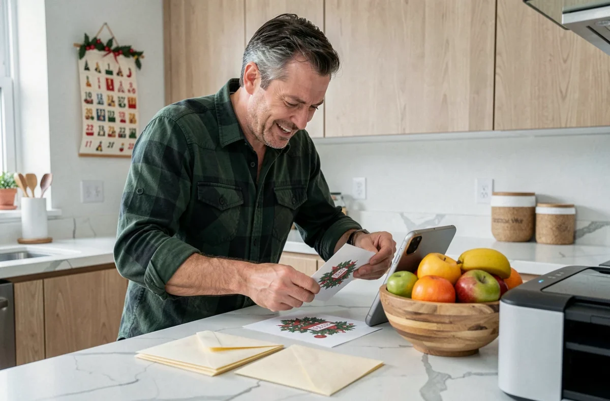 Homme pressé pliant une carte de Noël imprimée à la dernière minute dans sa cuisine