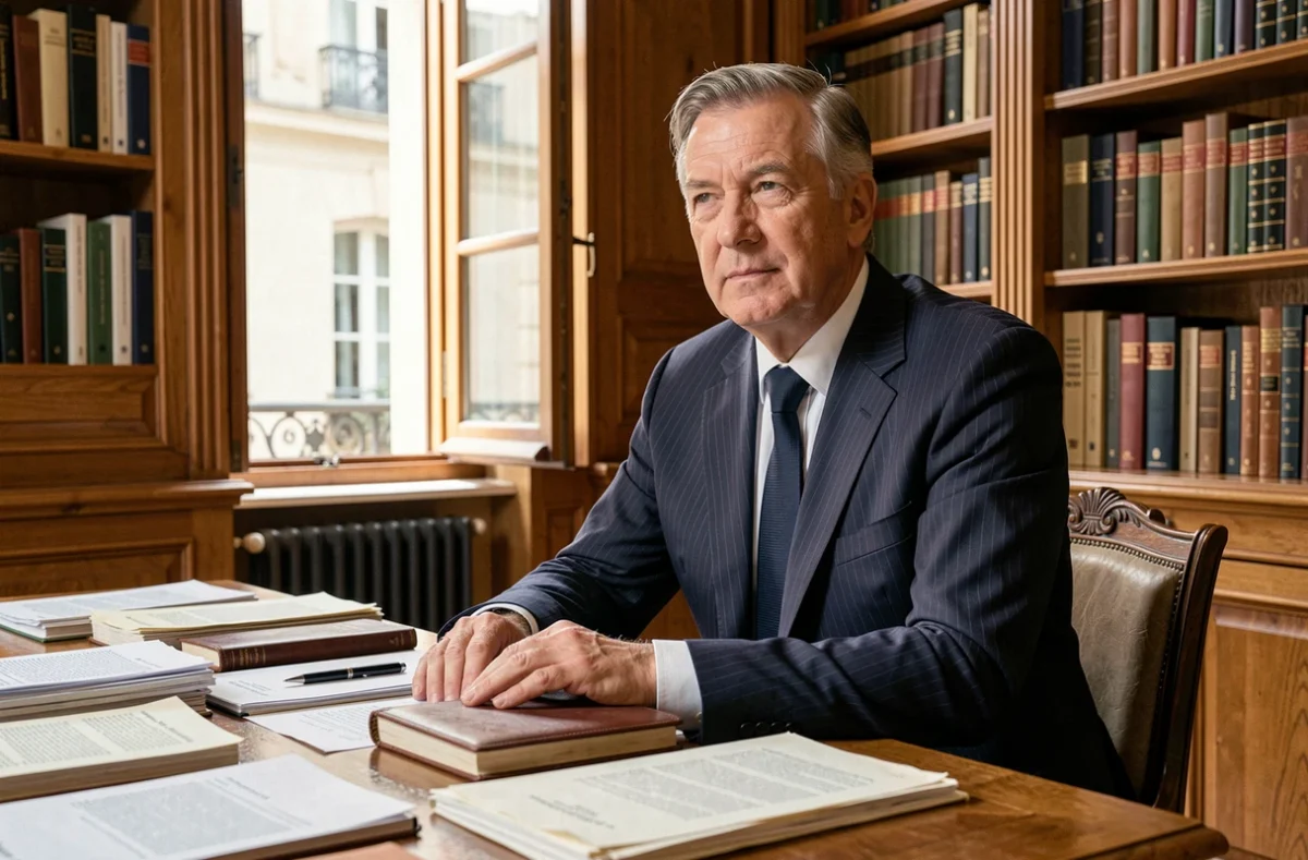 Portrait d'un homme distingué assis dans un bureau classique français, exprimant une dignité calme et une vie discrète loin des projecteurs