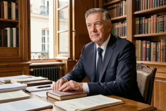 Portrait d'un homme distingué assis dans un bureau classique français, exprimant une dignité calme et une vie discrète loin des projecteurs