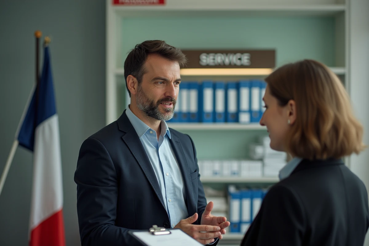 Homme expliquant un document à un agent administratif