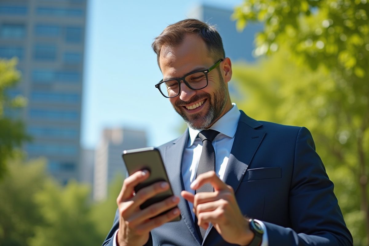 Homme professionnel lisant un message sur son smartphone