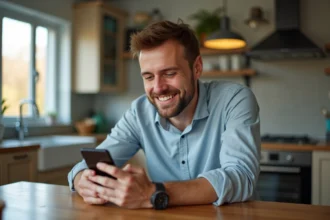 Homme souriant vérifiant son téléphone dans une cuisine moderne