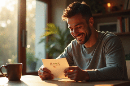 Homme souriant recevant une carte de compliment