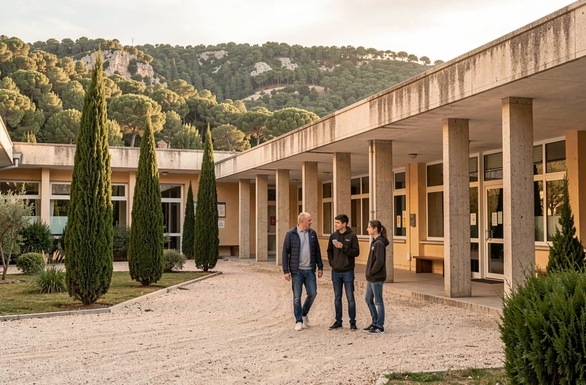 Un professeur et deux élèves de l'Institution Saint-Joseph à Draguignan marchant sous une arcade couverte dans la cour de l'établissement entouré de cyprès