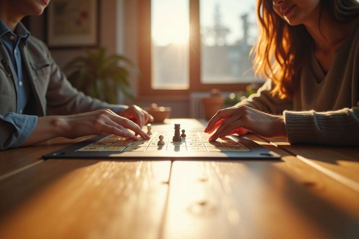 Deux personnes jouant à un jeu de société lumineux