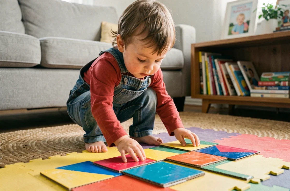 Enfant de trois ans jouant avec un jeu de formes géométriques fabriqué en carton recyclé sur un tapis de jeu