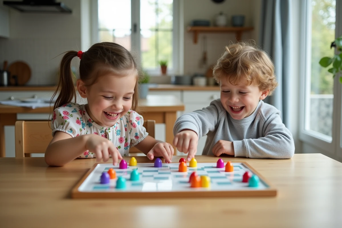 Deux enfants de 3 et 6 ans jouant à un jeu de société coopératif avec de grandes pièces colorées sur une table familiale