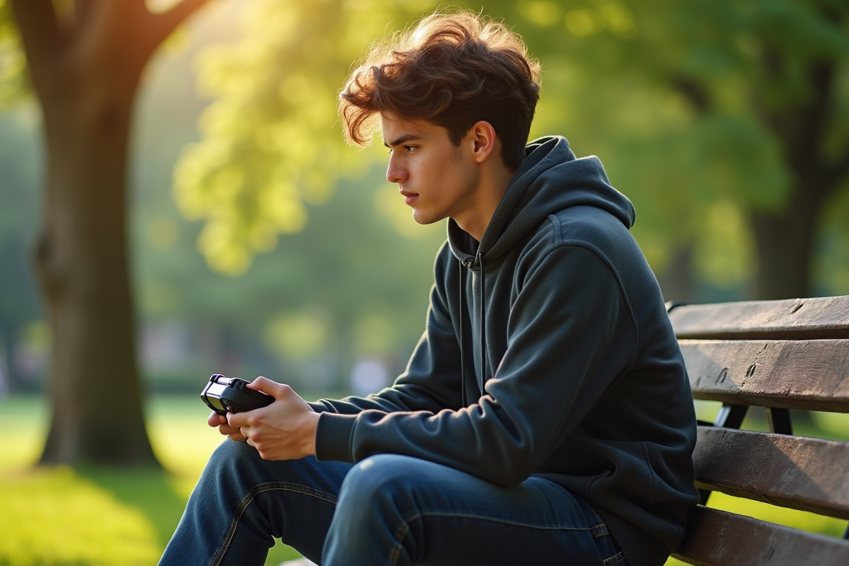 Jeune adulte assis sur un banc dans un parc ensoleille avec un contrôleur de jeu éteint