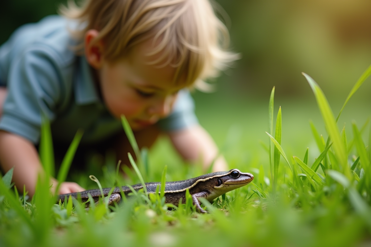Enfant observant une nouvellette dans la nature verte