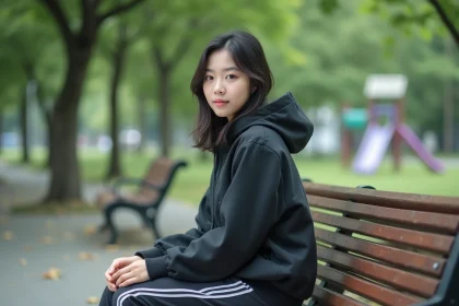 Jeune femme japonaise assise sur un banc dans un parc urbain