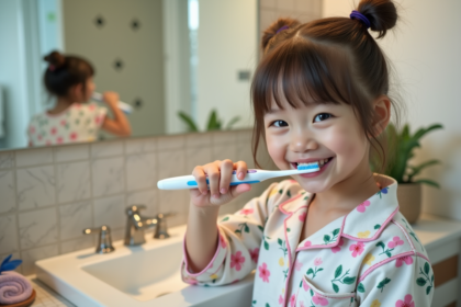 Jeune fille de 8 ans se brossant les dents dans la salle de bain