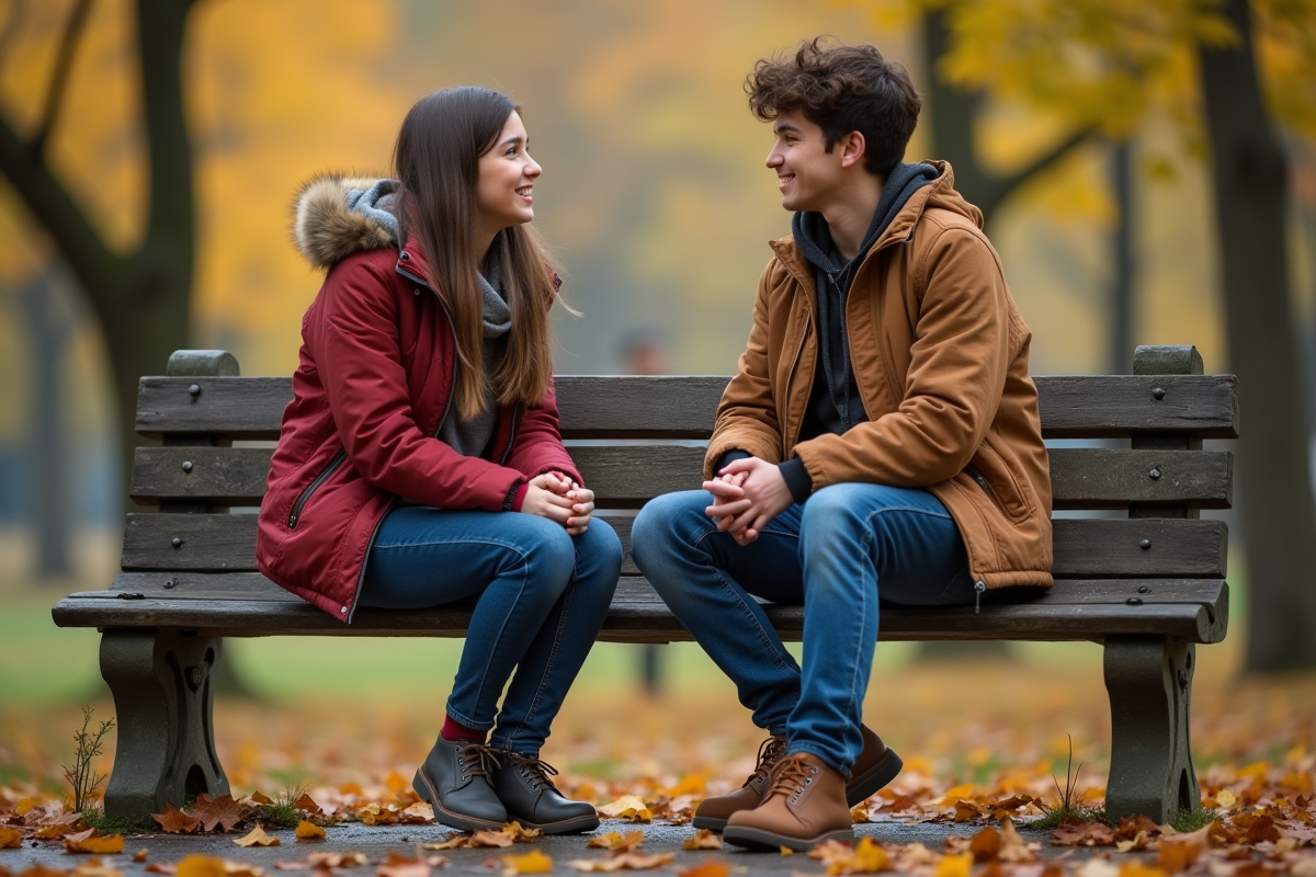 Une jeune femme et un adolescent discutant sur un banc de parc en automne