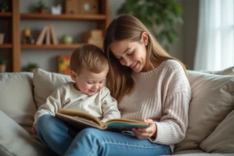Jeune fille lisant un livre à un bébé dans un salon chaleureux