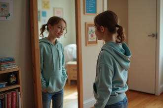 Jeune fille de 13 ans regardant son reflet dans un miroir