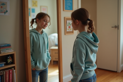 Jeune fille de 13 ans regardant son reflet dans un miroir