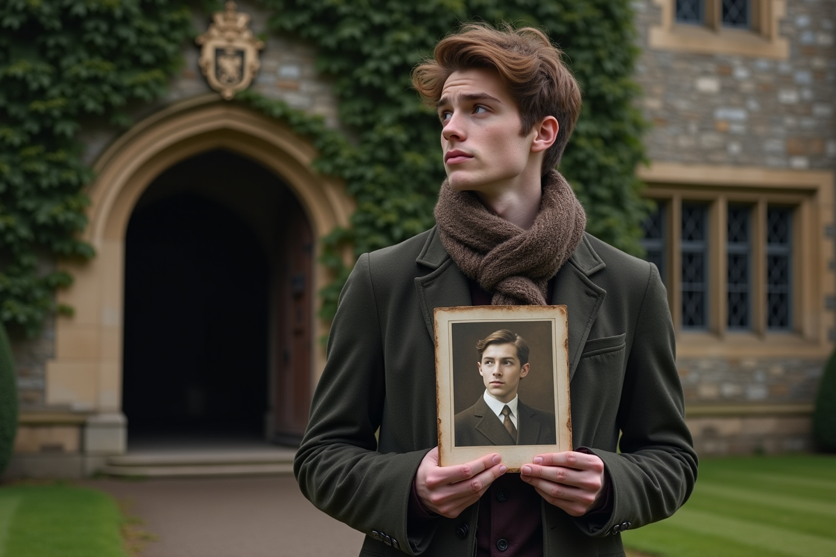 Jeune homme regarde une vieille photo devant un manoir ancien