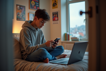 Adolescent concentré utilisant son smartphone dans sa chambre