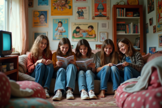 Groupe d'adolescents dans une chambre des années 90