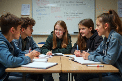 Groupe de jeunes en classe en discussion collaborative
