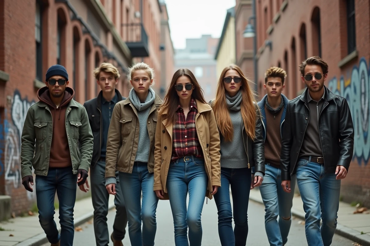 Jeunes en streetwear dans une rue urbaine avec graffiti