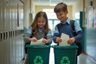 Deux adolescents trient du papier recyclé dans un couloir scolaire