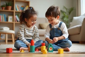 Frère et sœur d'âges différents jouant ensemble avec des jouets en bois colorés sur un parquet dans un salon chaleureux