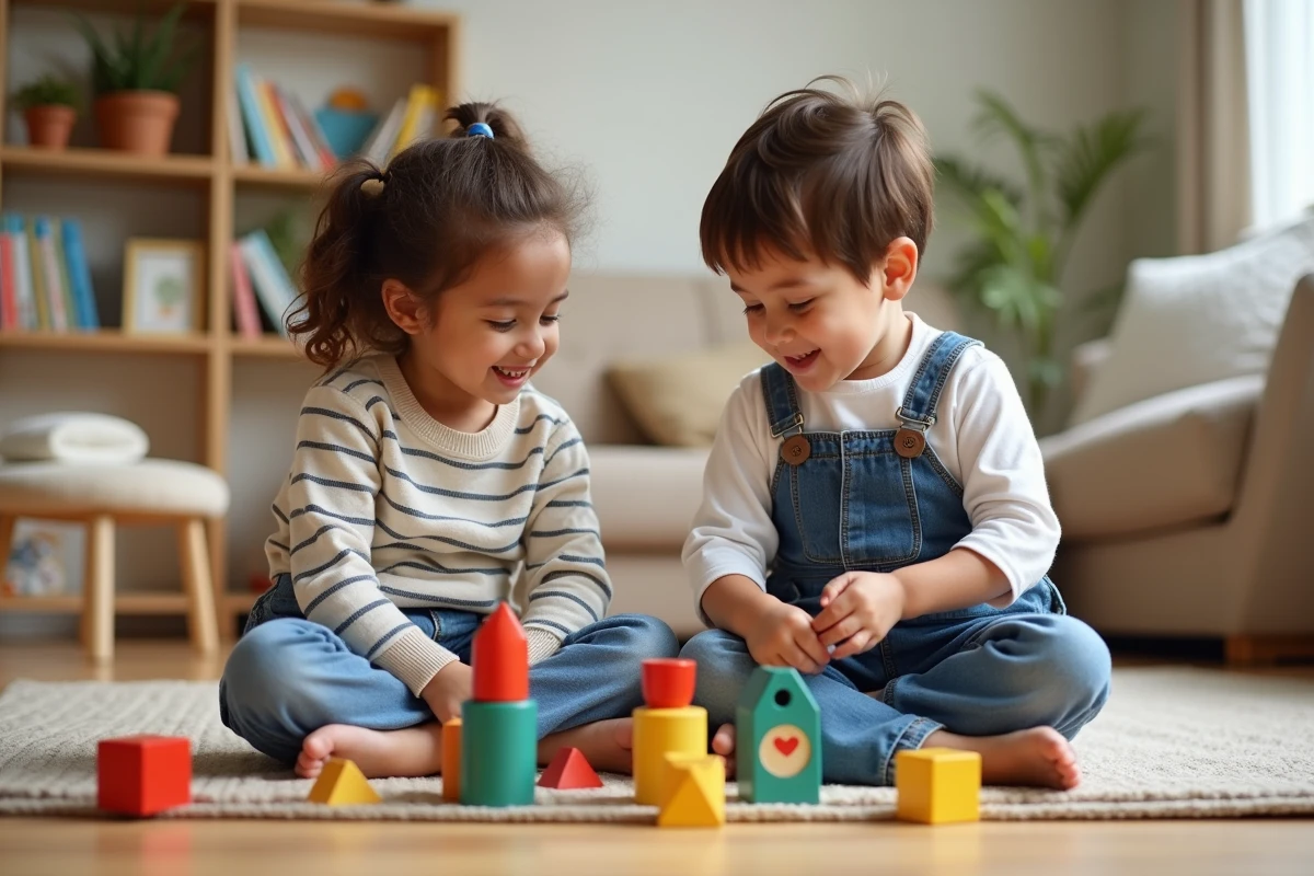 Frère et sœur d'âges différents jouant ensemble avec des jouets en bois colorés sur un parquet dans un salon chaleureux