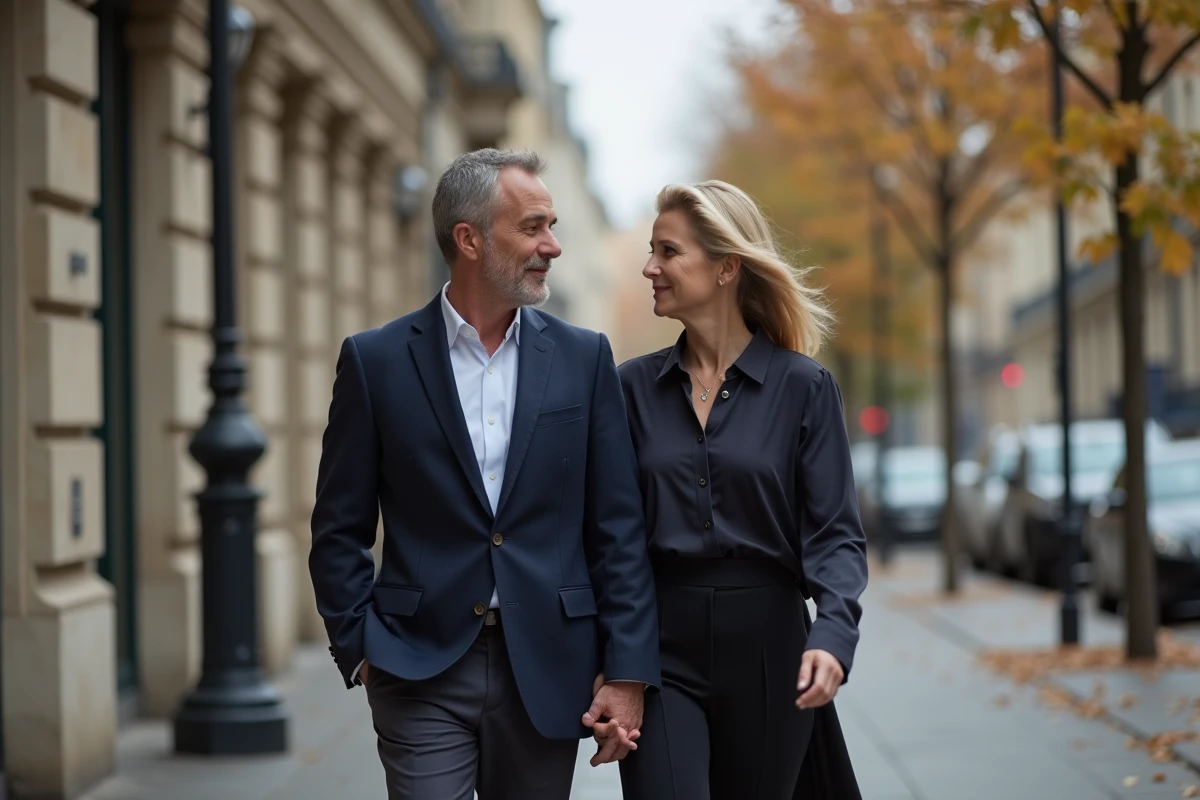 Jonathan Halls et Maryse Burgot marchant ensemble dans les rues de Paris lors d'une rare apparition publique en couple
