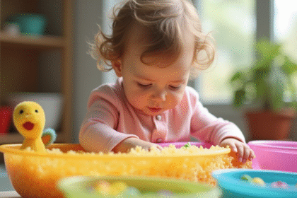 Bébé jouant avec des bacs sensoriels colorés en lumière naturelle