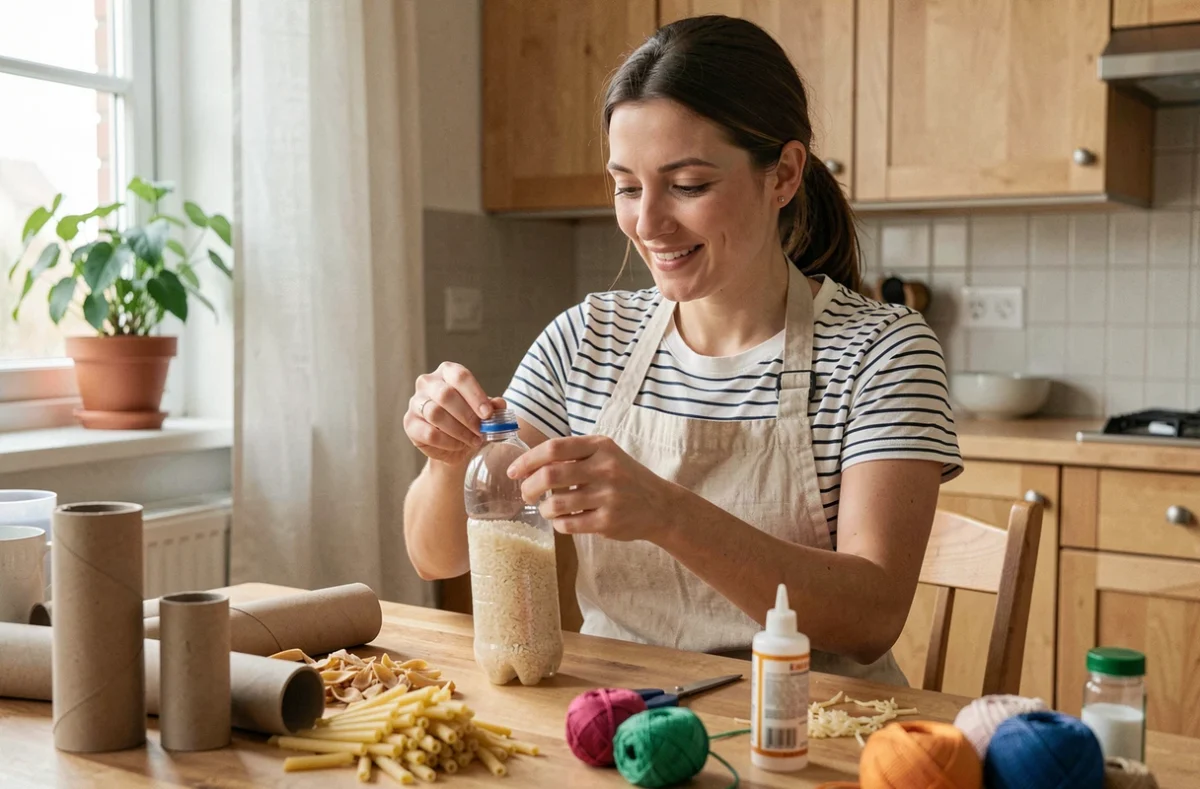 Femme assemblant un jouet sensoriel maison avec des matériaux de récupération sur une table en bois