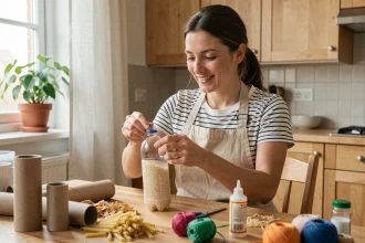 Femme assemblant un jouet sensoriel maison avec des matériaux de récupération sur une table en bois