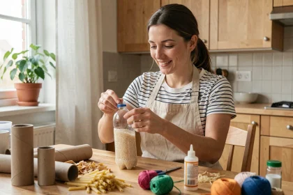 Femme assemblant un jouet sensoriel maison avec des matériaux de récupération sur une table en bois