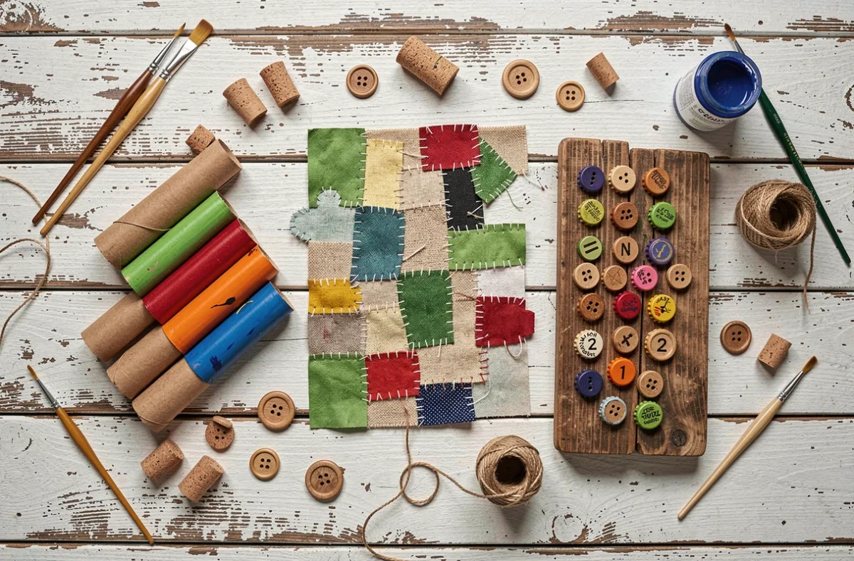 Vue du dessus de jouets faits maison en matériaux de récupération pour enfants de trois ans disposés sur une table en bois