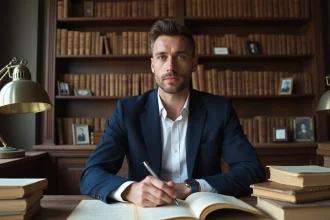 Jeune journaliste français consultant des archives familiales et documents généalogiques dans une bibliothèque personnelle