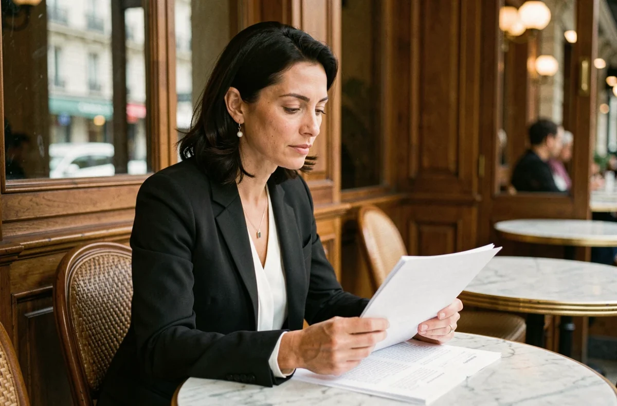 Portrait d'une femme française élégante dans un café parisien, évoquant l'univers artistique de Juliette Plumecocq-Mech