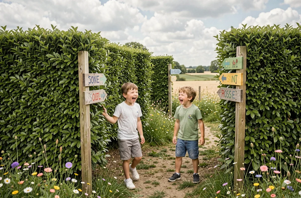 Enfants naviguant dans le labyrinthe végétal du Laby'Parc du Touquet à Saint-Josse