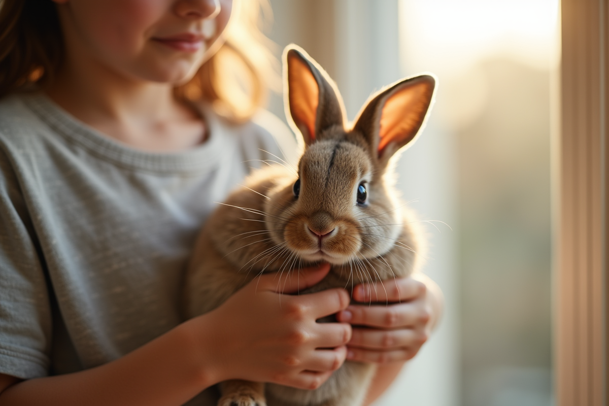 Lapin dwarf lop tenu par un enfant dans une piece lumineuse