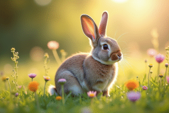 Lapin dwarf lop dans une prairie ensoleillee avec fleurs sauvages